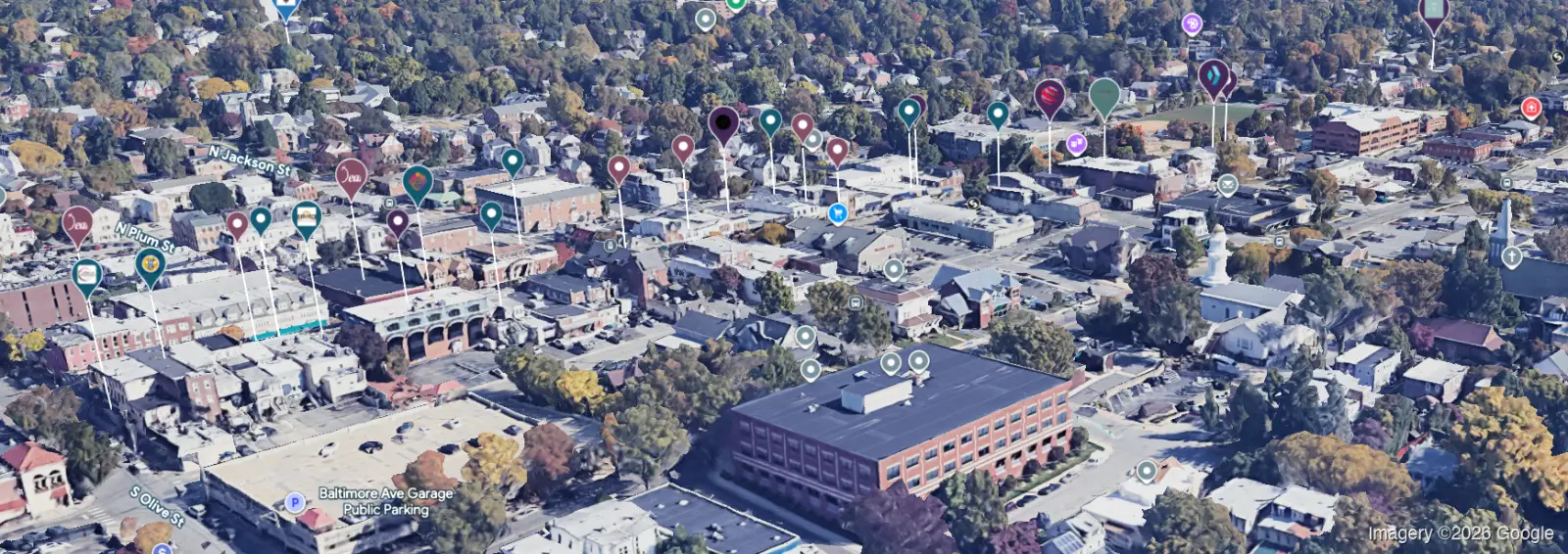 Tilted 3D view of State Street in Media, PA with business pins