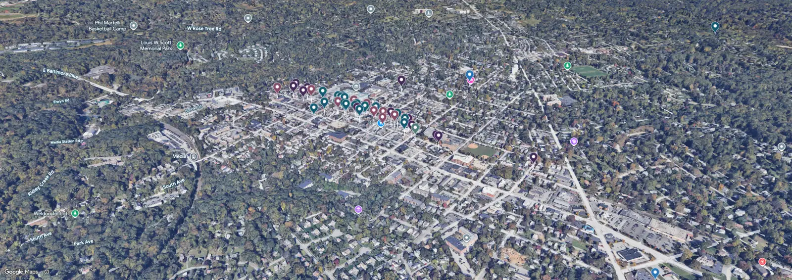 Aerial 3D view of downtown Media, PA with business pins